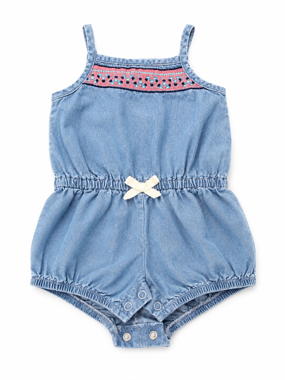 Carter's Light Blue Denim Romper with Pink Embroidered Yoke and Cream Bow